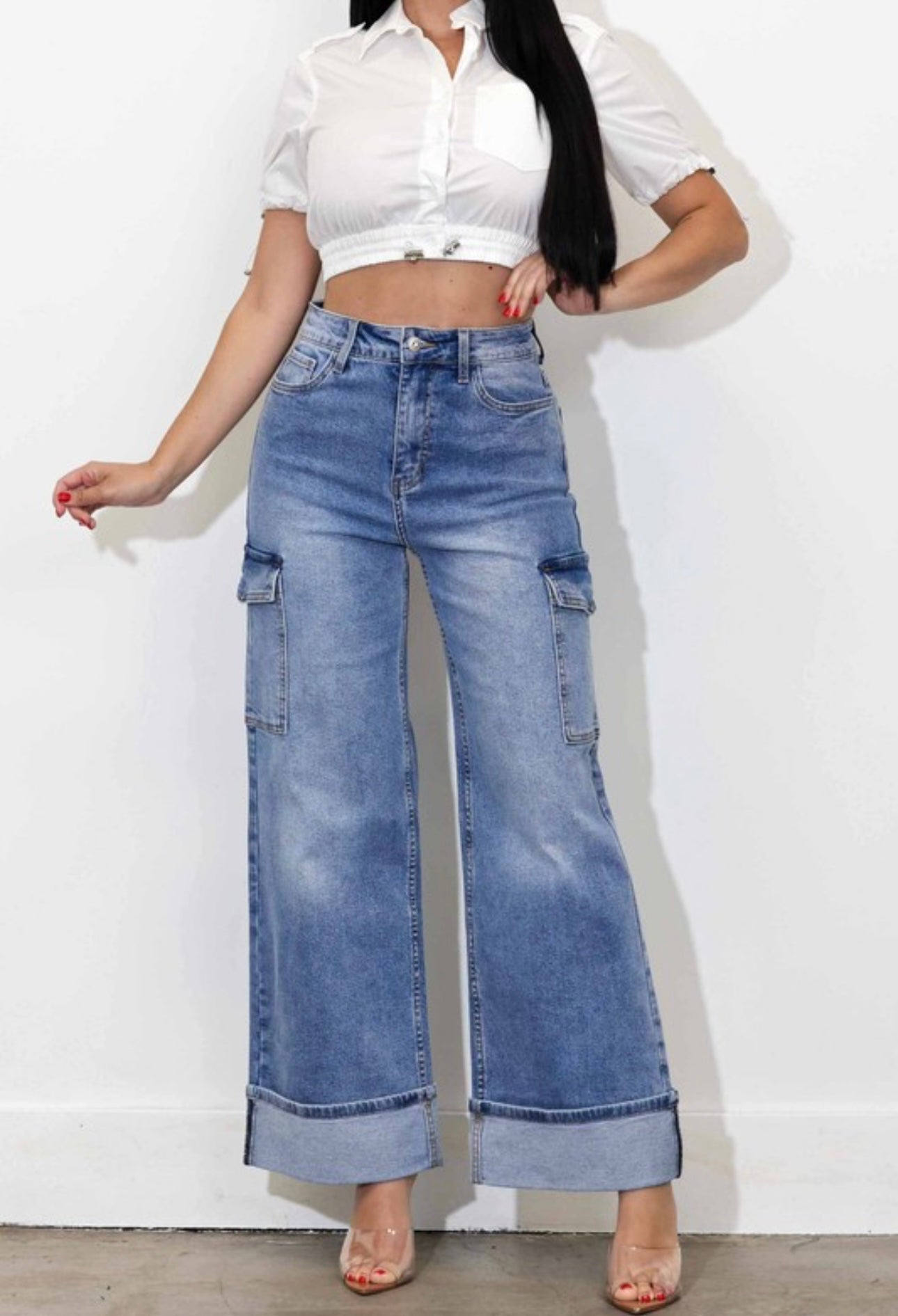 Trend4us Chic Draped Buckle Wide-Leg Denim Jeans main image 0