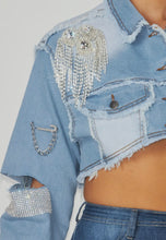 Load image into Gallery viewer, Denim Rhinestone Cropped Jacket