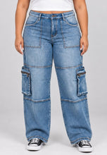 Load image into Gallery viewer, Blue Overdyed/Bleached Cargo Wide Leg Jeans (PLUS)