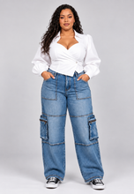 Load image into Gallery viewer, Blue Overdyed/Bleached Cargo Wide Leg Jeans (PLUS)