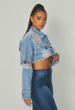 Load image into Gallery viewer, Denim Rhinestone Cropped Jacket
