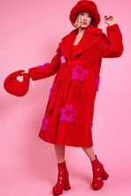 Load image into Gallery viewer, Red Faux Fur Coat w/Pink Flowers