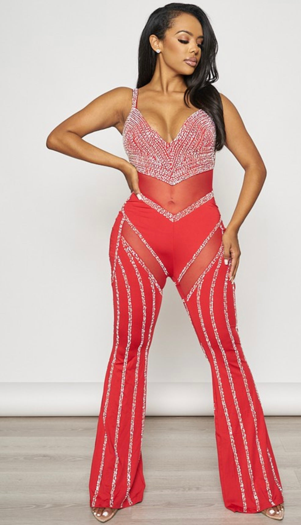 Red rhinestone jumpsuit on sale