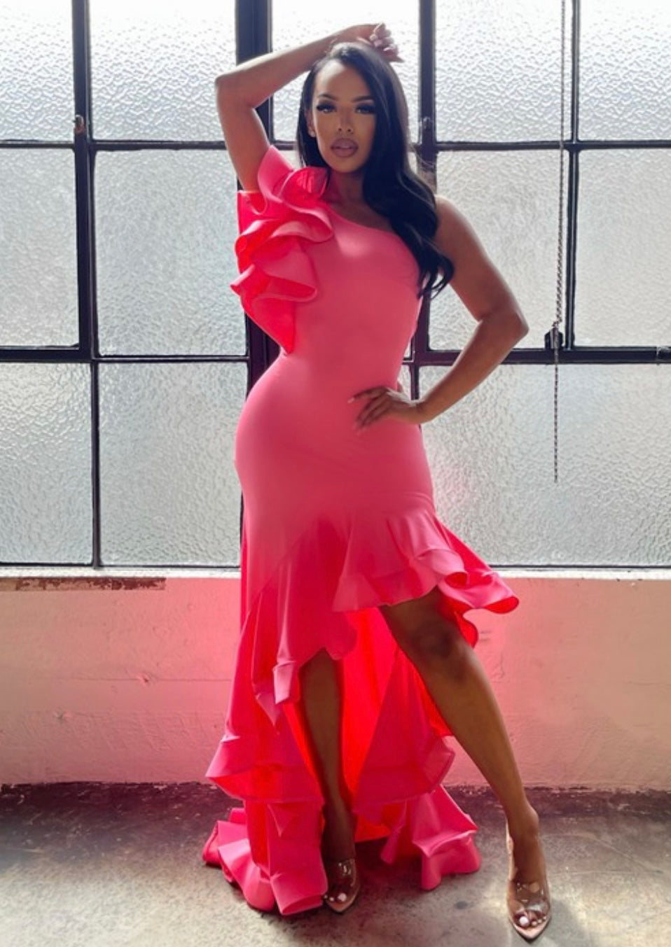 Coral Ruffle Asymmetrical Gown  BLOSSOMS BOUTIQUE