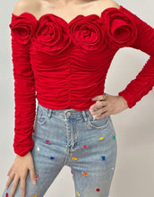 Load image into Gallery viewer, Red Off the Shoulder Rosette Top
