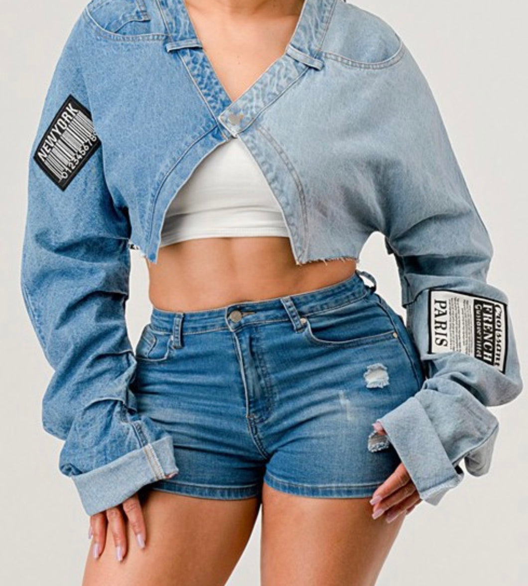 Edgy Denim Patched X Contrast Jacket
