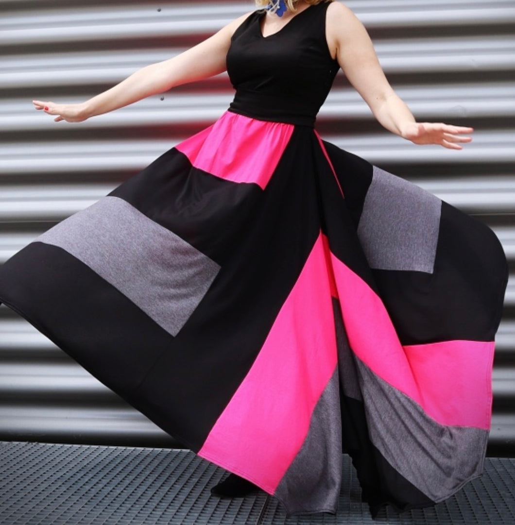 Long Pink/Black/Gray Twirl Maxi Dress