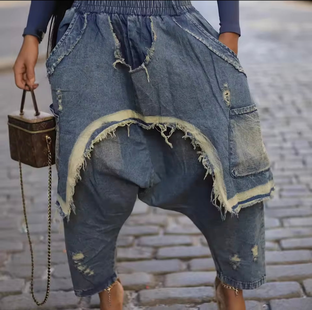 Distressed Denim Harem Pants