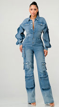 Load image into Gallery viewer, Denim Cargo Ruffle Sleeve Jumpsuit
