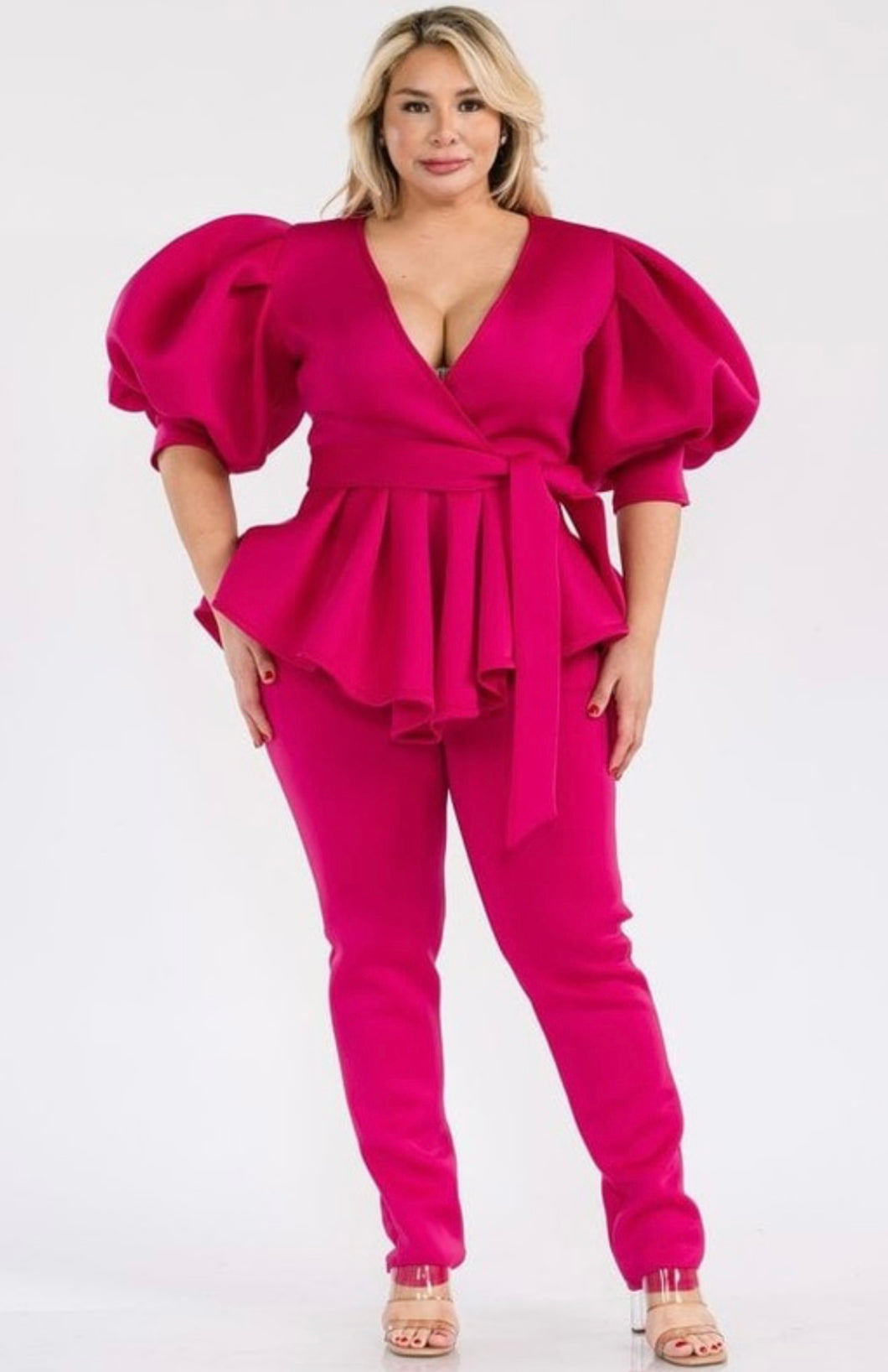 Fuchsia Ruffle Top & Pants Set (PLUS)