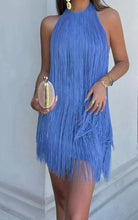 Load image into Gallery viewer, Blue Halter Fringe Mini Dress
