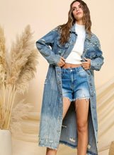 Load image into Gallery viewer, Long Denim Pearl &amp; Rhinestone Trench
