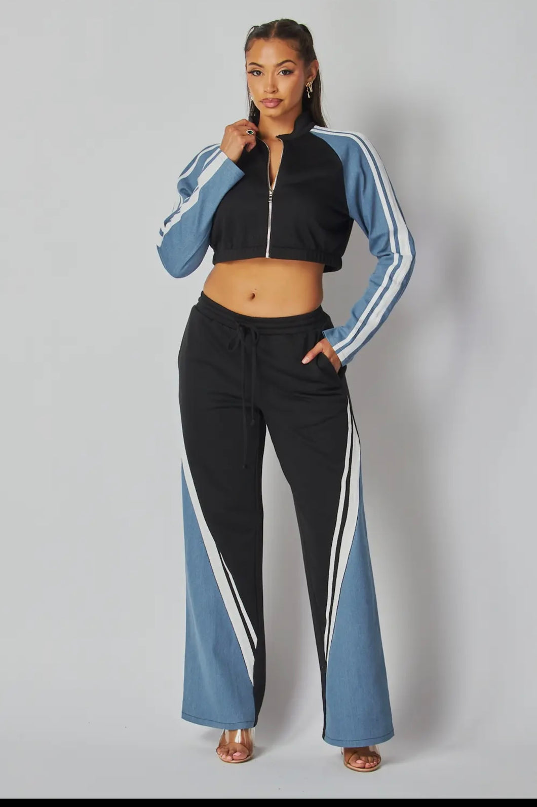 Retro Chic Denim & Black Tracksuit Set