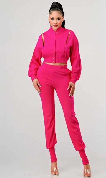 Jogger Set with Sleeve Zippers (Fuchsia/Black)