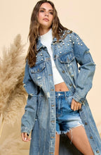 Load image into Gallery viewer, Long Denim Pearl &amp; Rhinestone Trench
