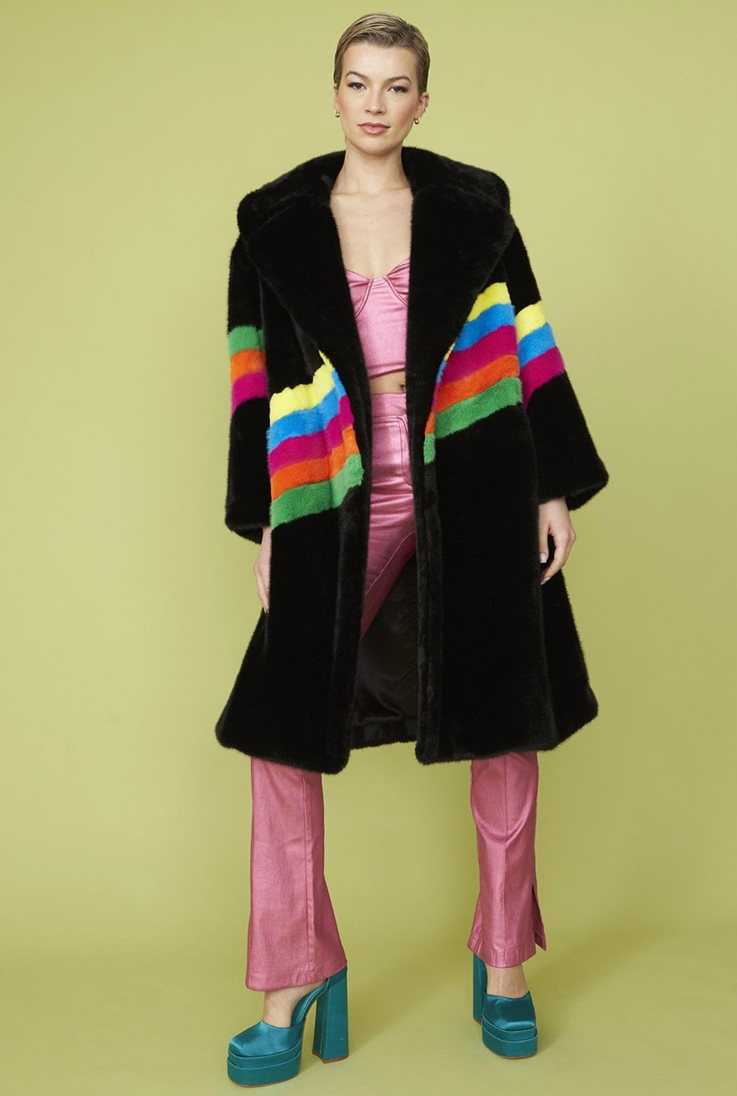 Black Faux Fur Rainbow Coat