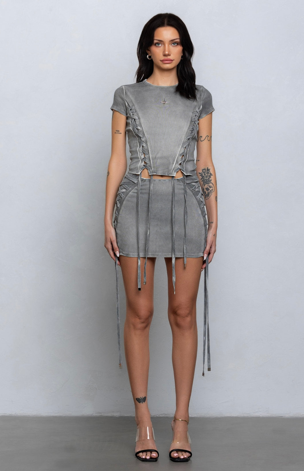 Grey Washed Ribbed Laced-up Mini Skirt Set