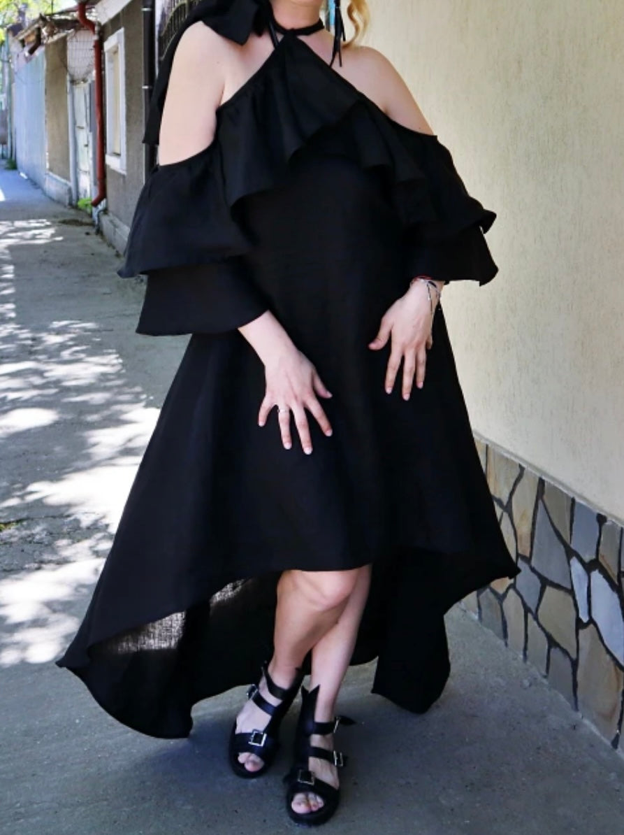 Black Long Linen Ruffle Maxi Dress