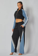 Load image into Gallery viewer, Retro Chic Denim &amp; Black Tracksuit Set
