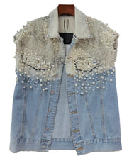 Load image into Gallery viewer, Pearl &amp; Rhinestone Denim Vest
