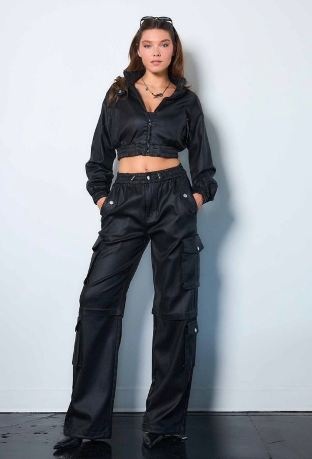 Black Metallic Baggy Cargo Pants