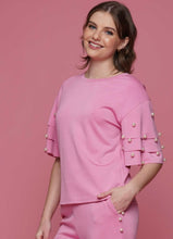 Load image into Gallery viewer, Powder Pink Ruffle Pearl Sleeve Top
