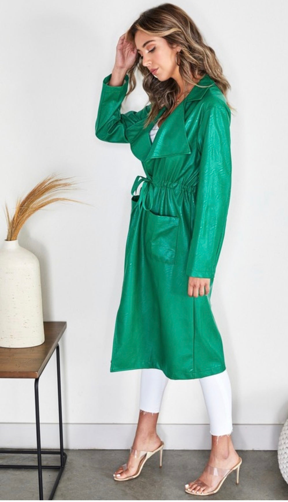 Kelly Green Faux Leather Trench Coat
