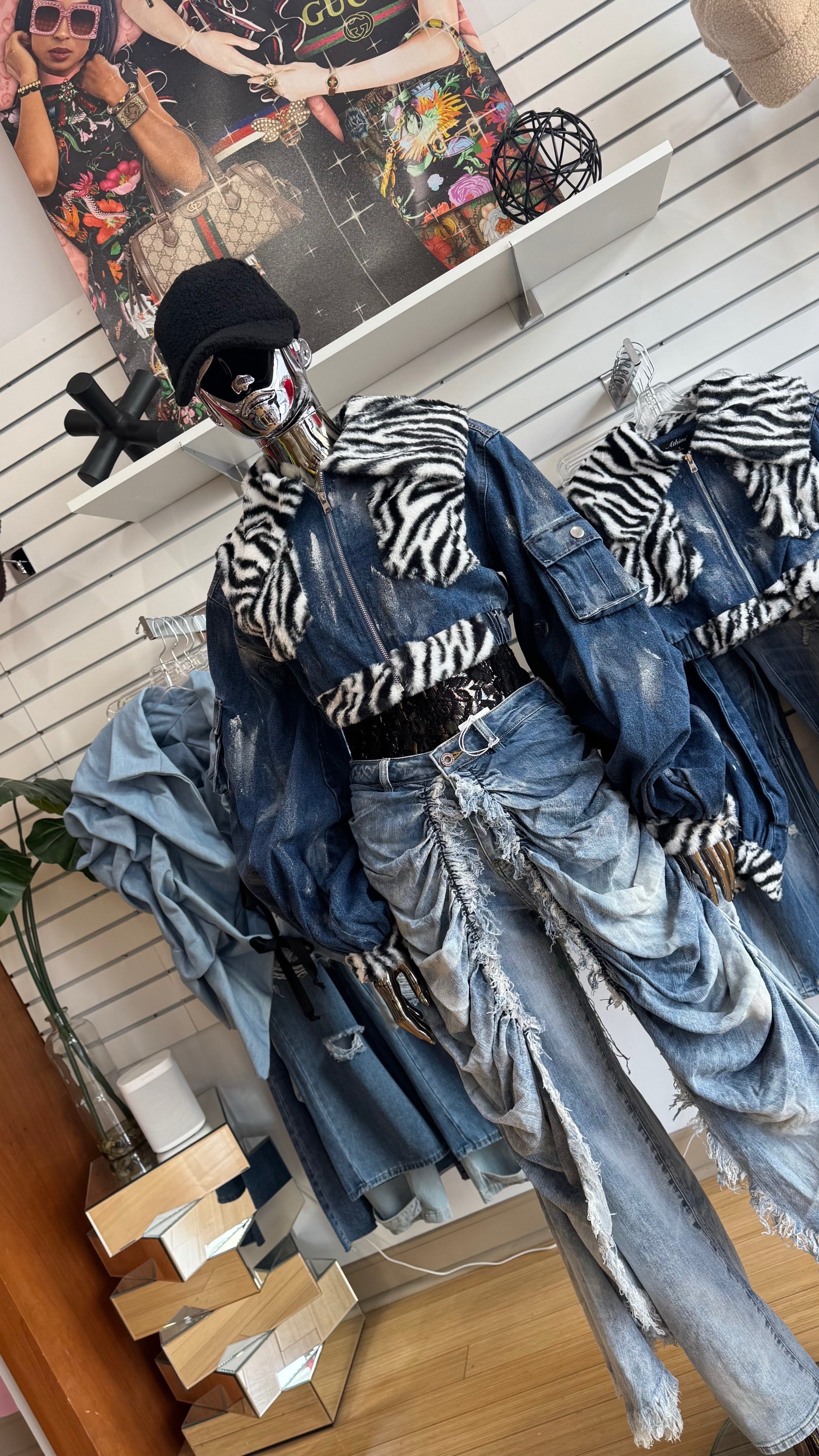 Zebra Trim Cropped Denim Jacket