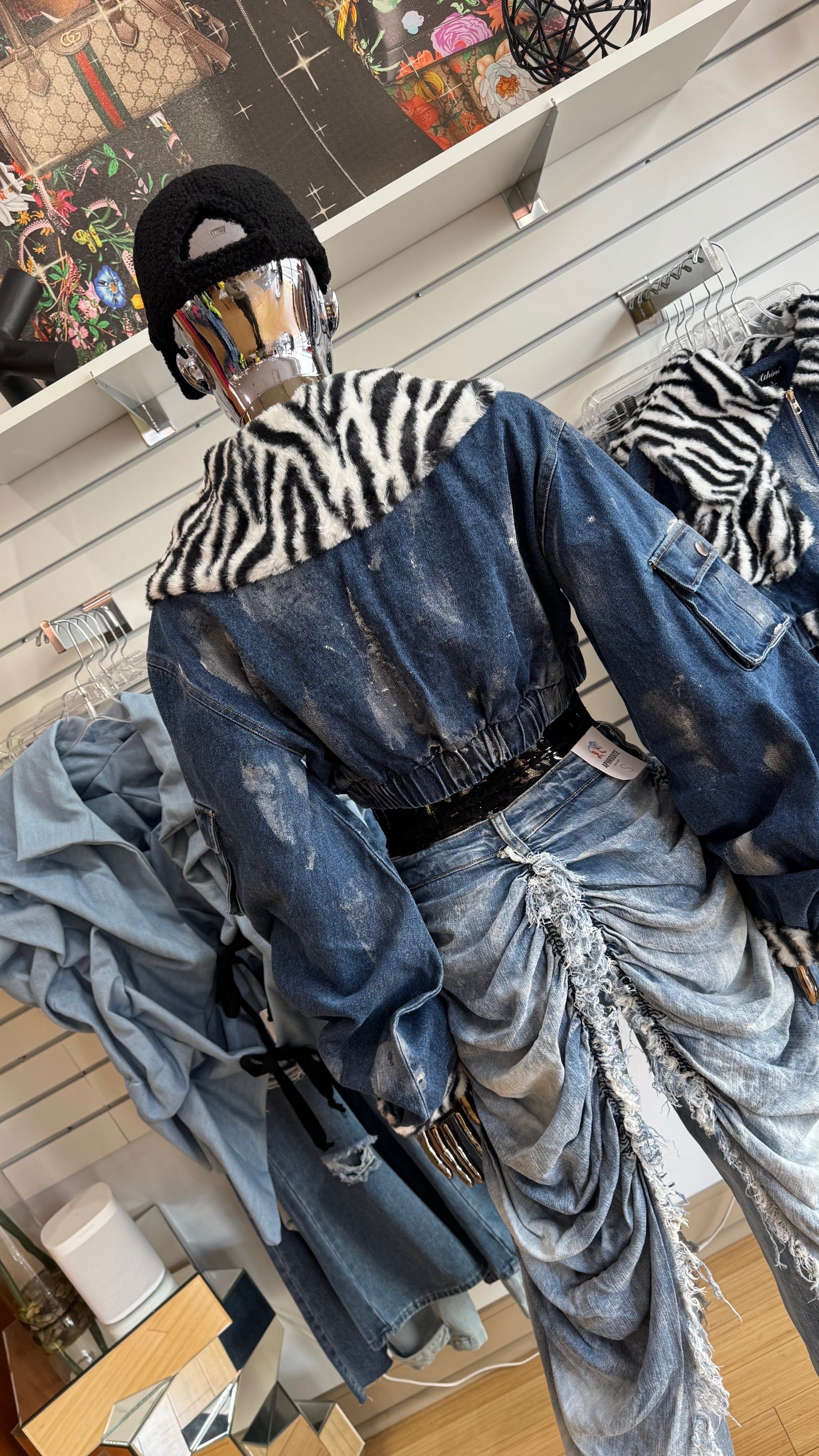 Zebra Trim Cropped Denim Jacket
