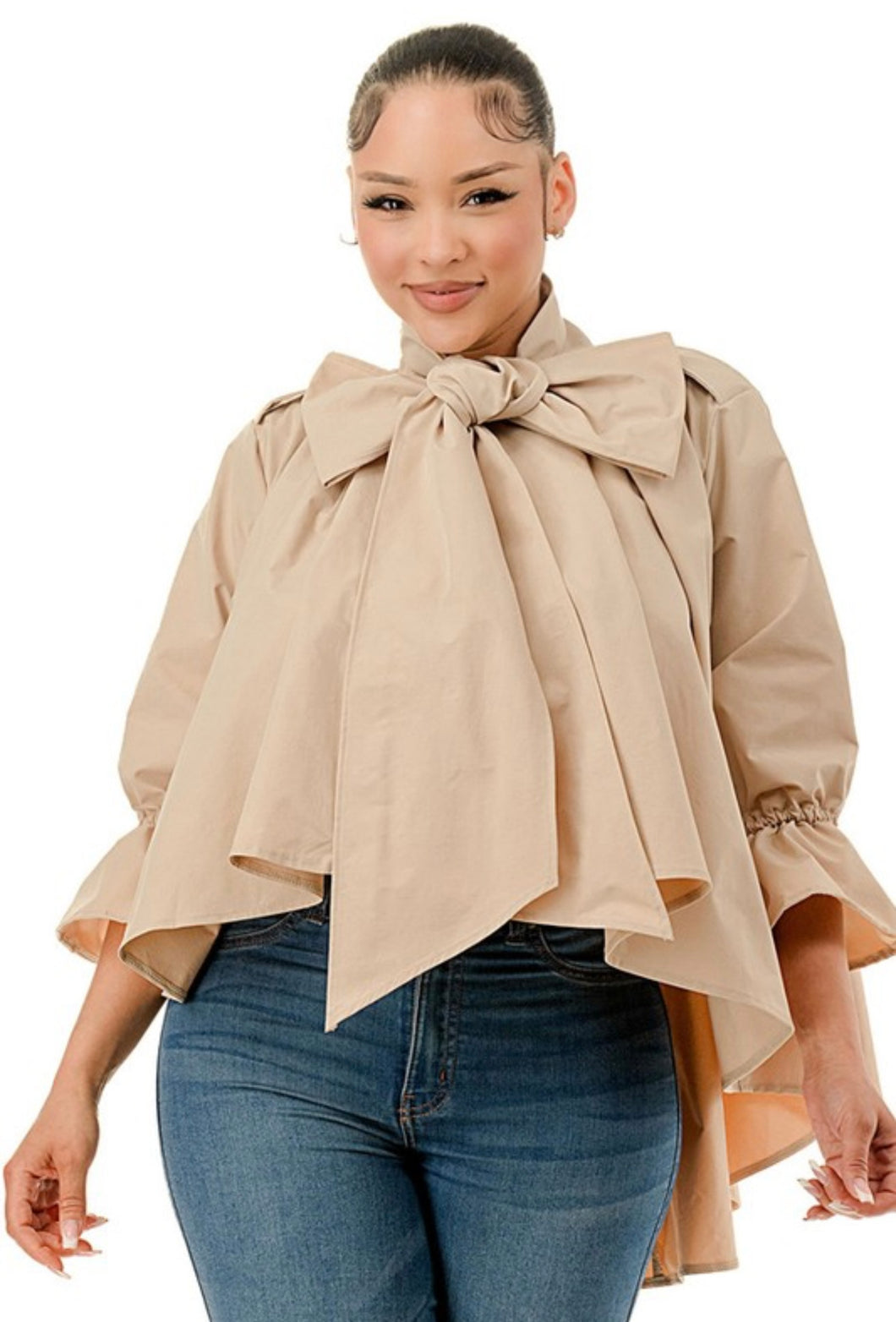 Khaki Bow Neckline Blouse (S-3X)