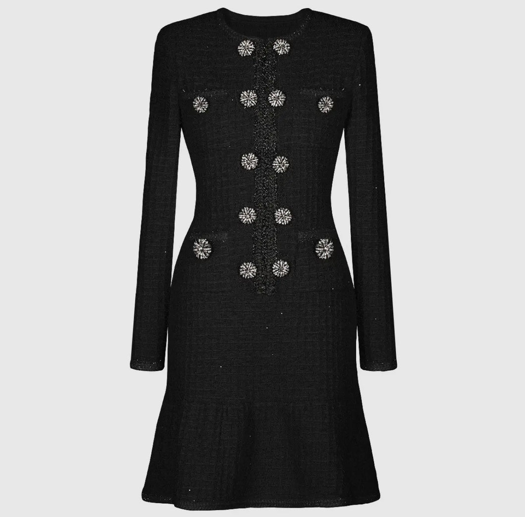 SHANEL Starlight Black Embellished Dress | Elegant Long Sleeve Party Dress