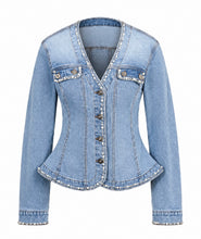 Load image into Gallery viewer, Aurelie Denim Studded Peplum Jacket

