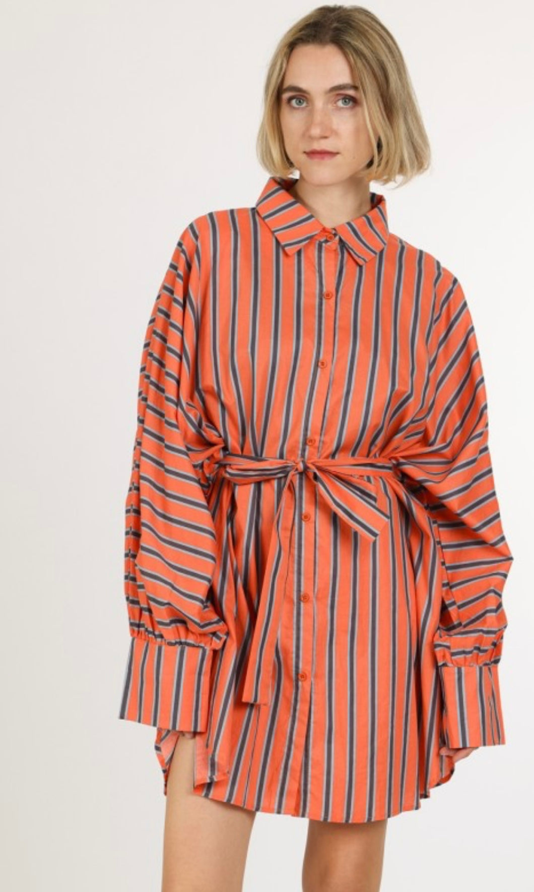 Orange Contrast Striped Midi Shirt Dress
