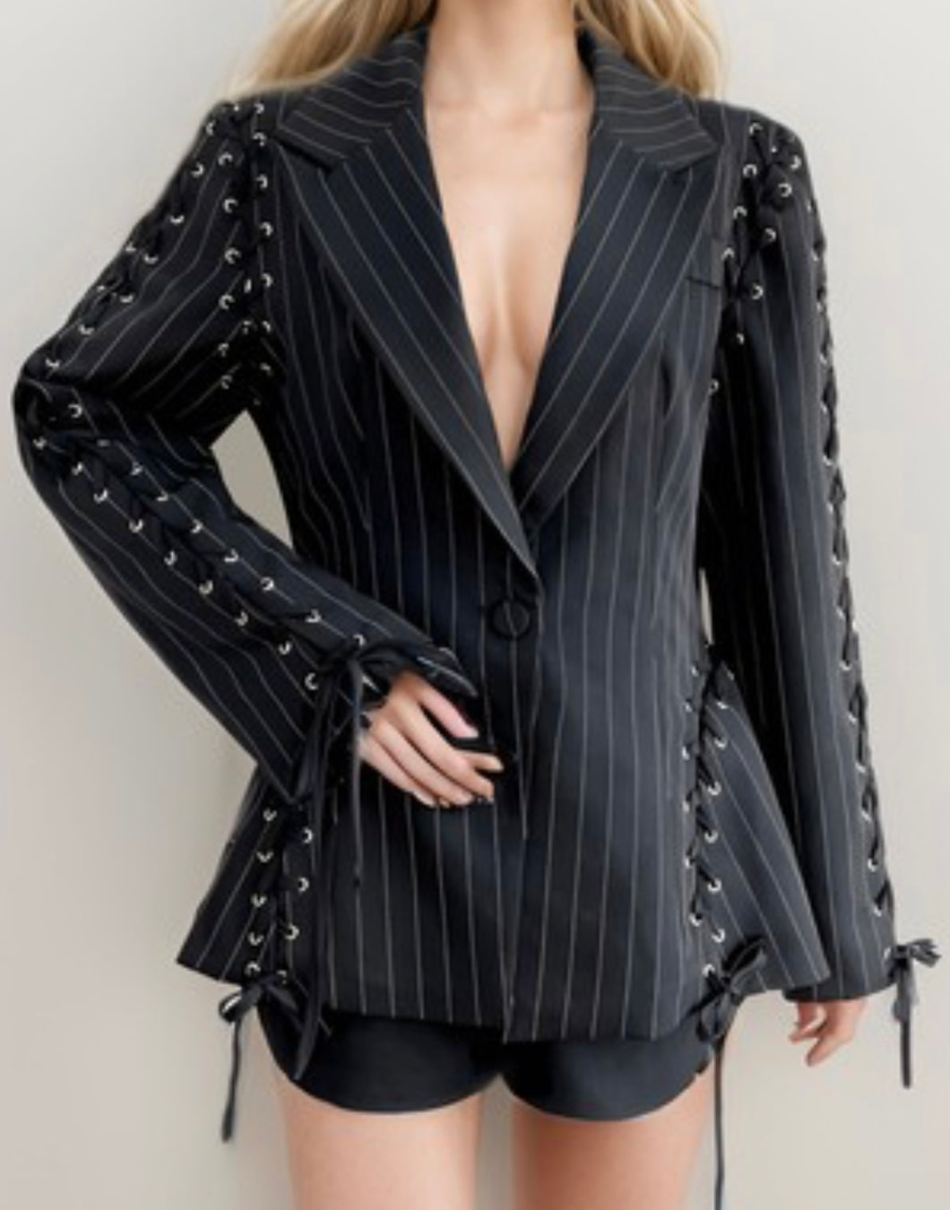 Black Lace Up Stripe Jacket