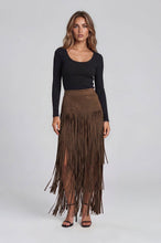 Load image into Gallery viewer, Brown Faux Suede Fringe Midi Skirt
