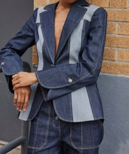 Load image into Gallery viewer, Dark Blue Contrast V-Neck Denim Blazer
