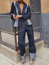 Load image into Gallery viewer, Dark Blue Contrast V-Neck Denim Blazer
