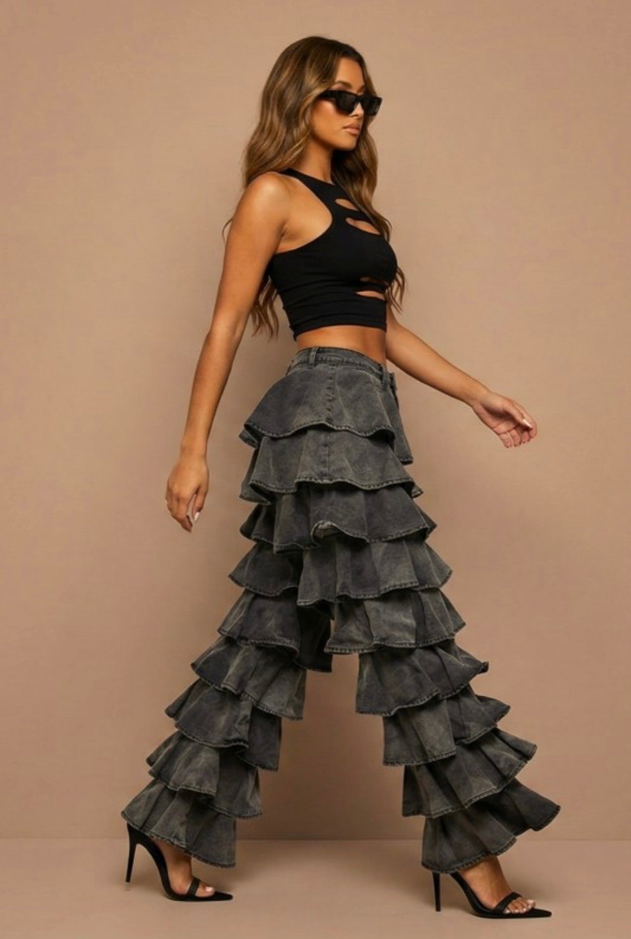 Charcoal Cascade Ruffle Pants