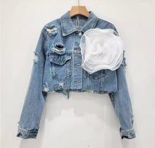 Load image into Gallery viewer, “Daisy” Cropped Denim Jacket w/3D Flower
