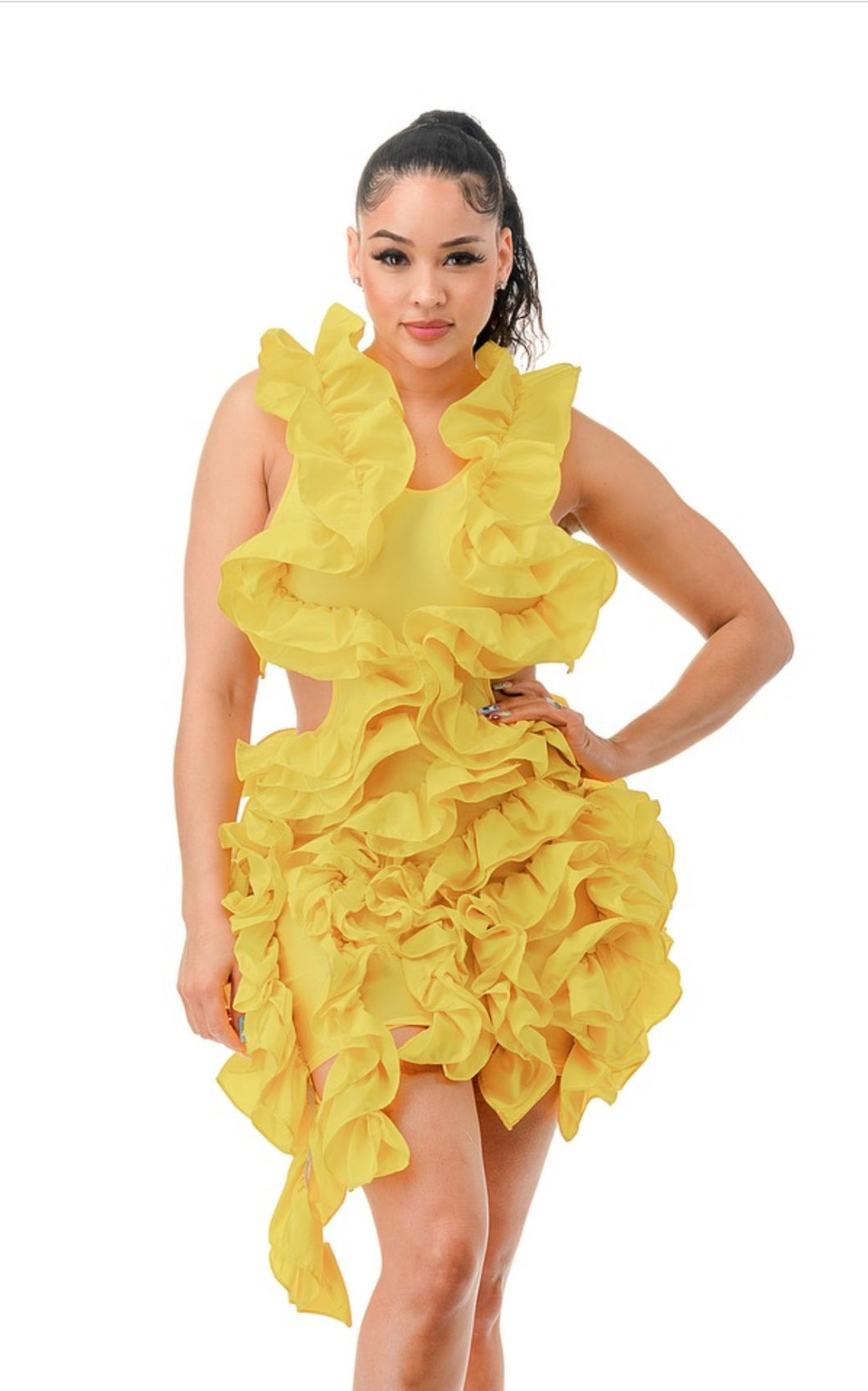 Yellow All Over Ruffle Mini Dress