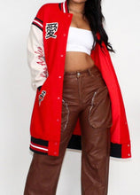Load image into Gallery viewer, Long Red Letterman Jacket

