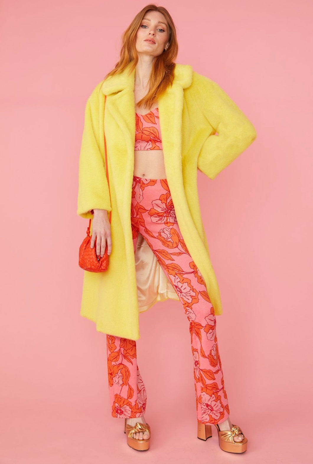 Yellow Faux Fur Midi Coat