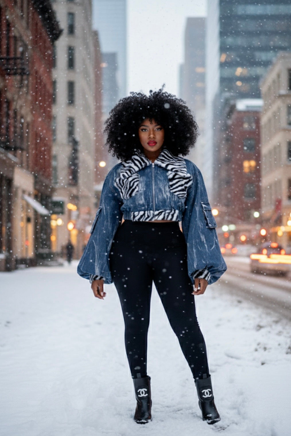Zebra Trim Cropped Denim Jacket