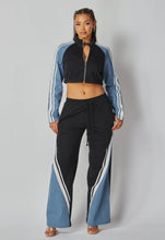 Load image into Gallery viewer, Retro Chic Denim &amp; Black Tracksuit Set
