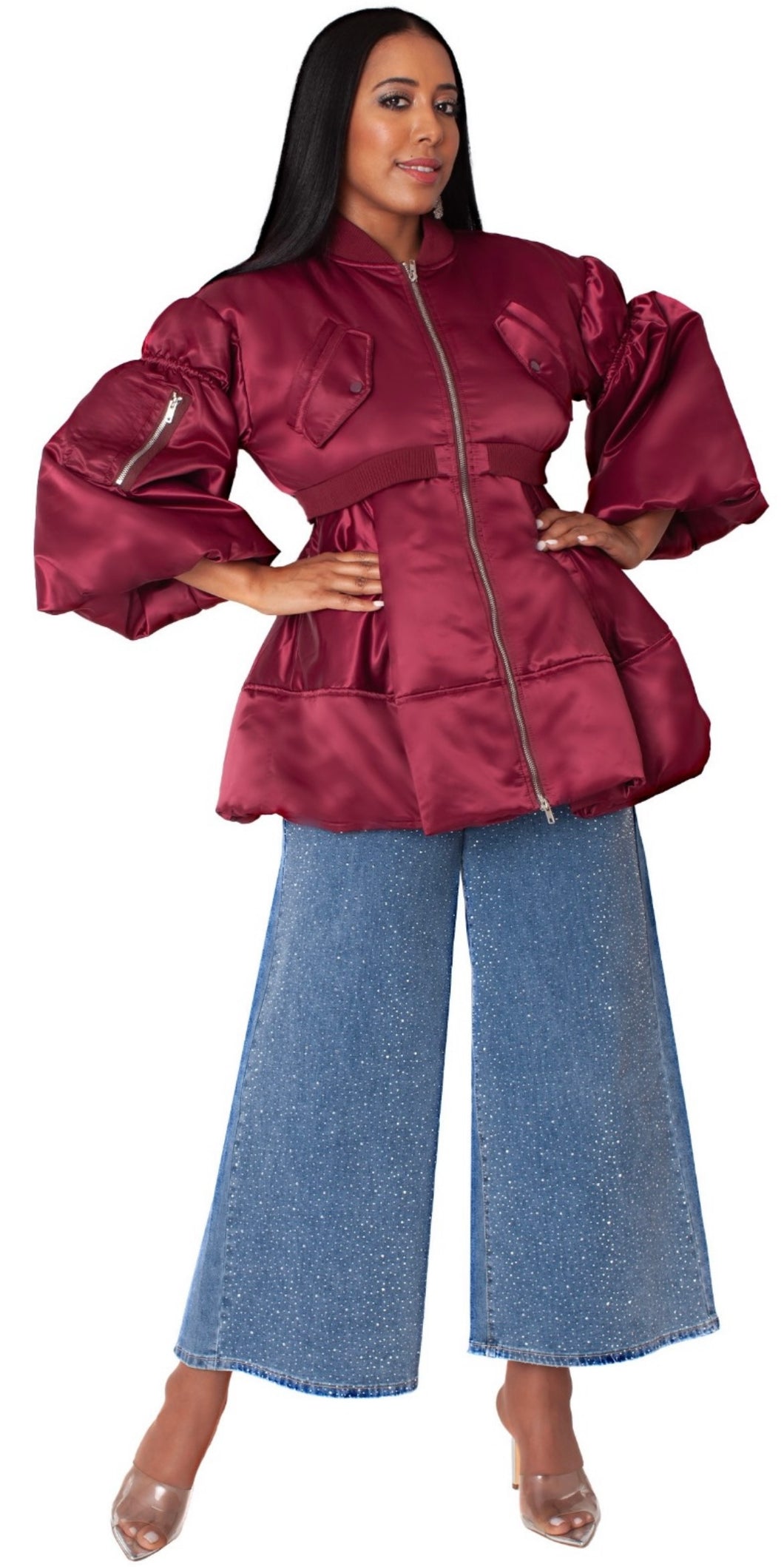 Bold Puff Sleeve Bomber Jacket (Burgundy/Navy)