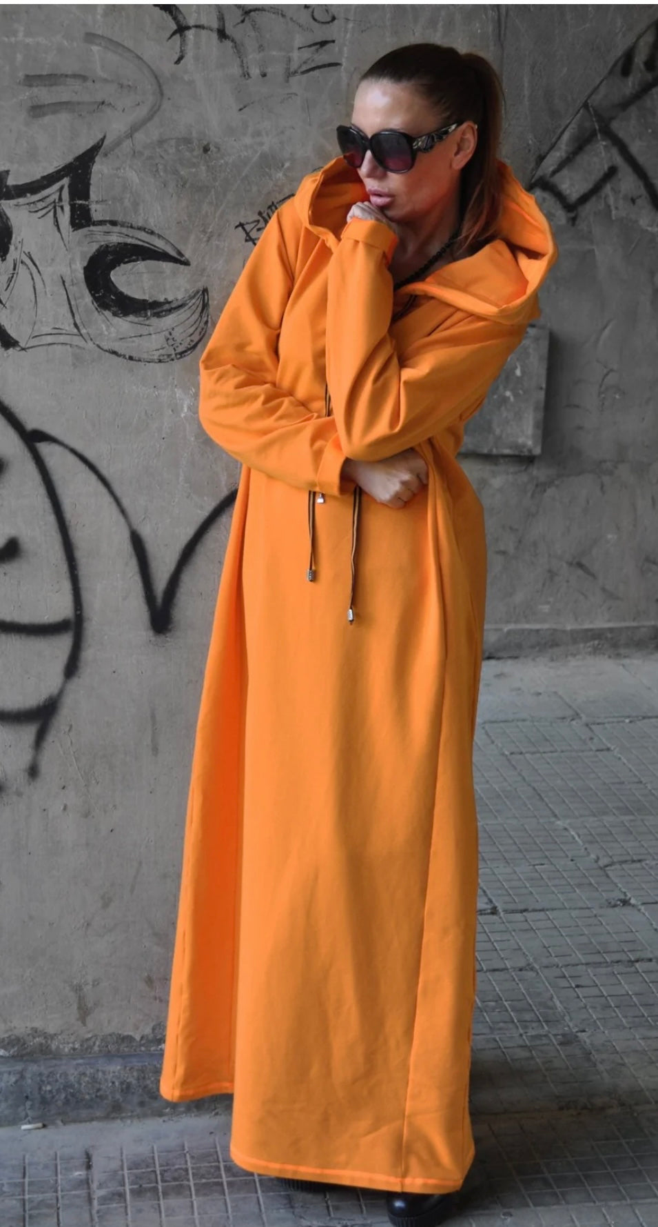 “IREN” Long Hooded Dress (Orange/Red)