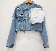 Load image into Gallery viewer, “Daisy” Cropped Denim Jacket w/3D Flower
