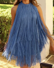 Load image into Gallery viewer, Blue Halter Fringe Mini Dress
