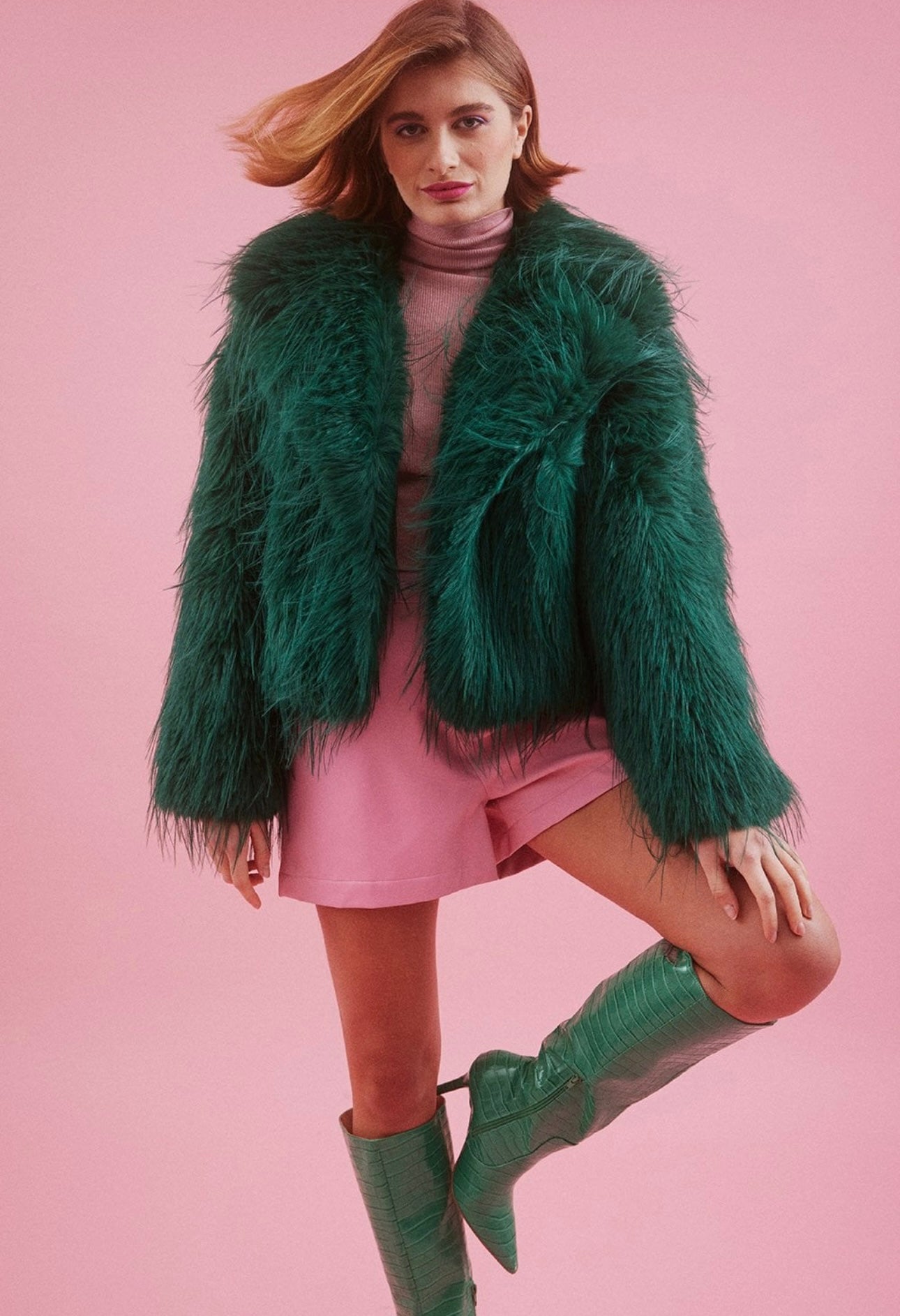 Green Mongolian Fur Knitted Jacket