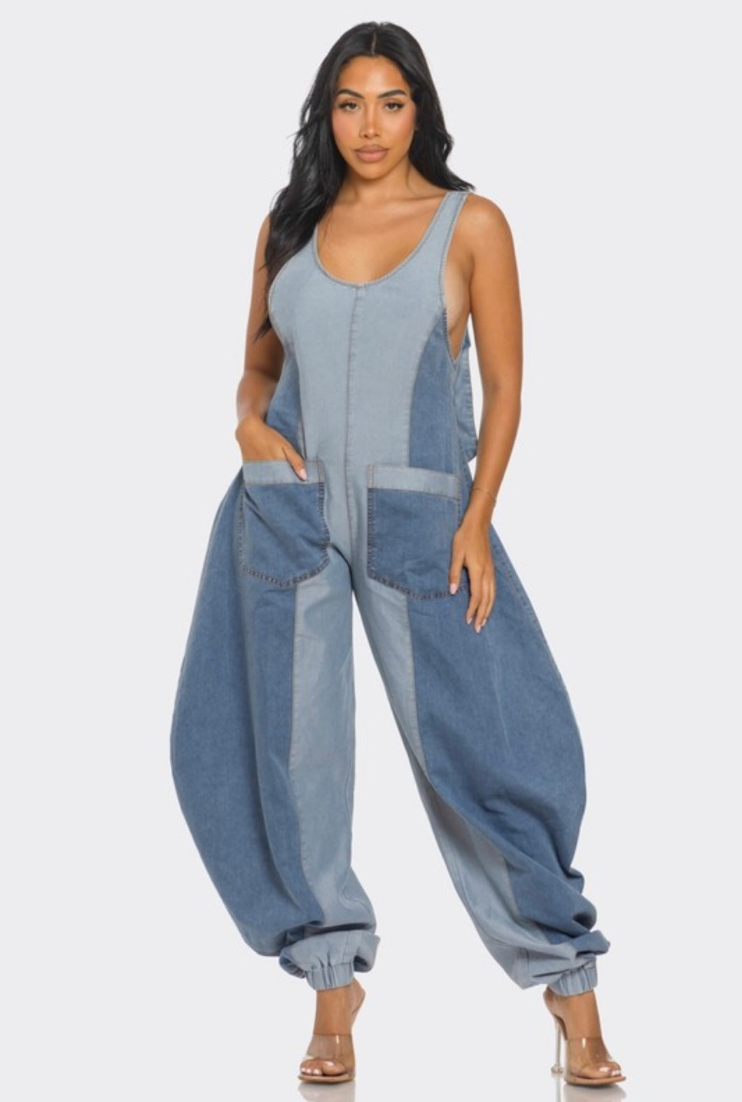 Denim Color Block Jumpsuit